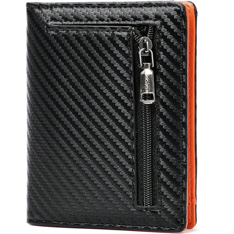 Men Carbon Fiber Wallet RFID Blocking Short Bifold Wallet Zipper Coin Pocket Card Holder Slim ID Window