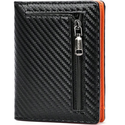 Men Carbon Fiber Wallet RFID Blocking Short Bifold Wallet Zipper Coin Pocket Card Holder Slim ID Window