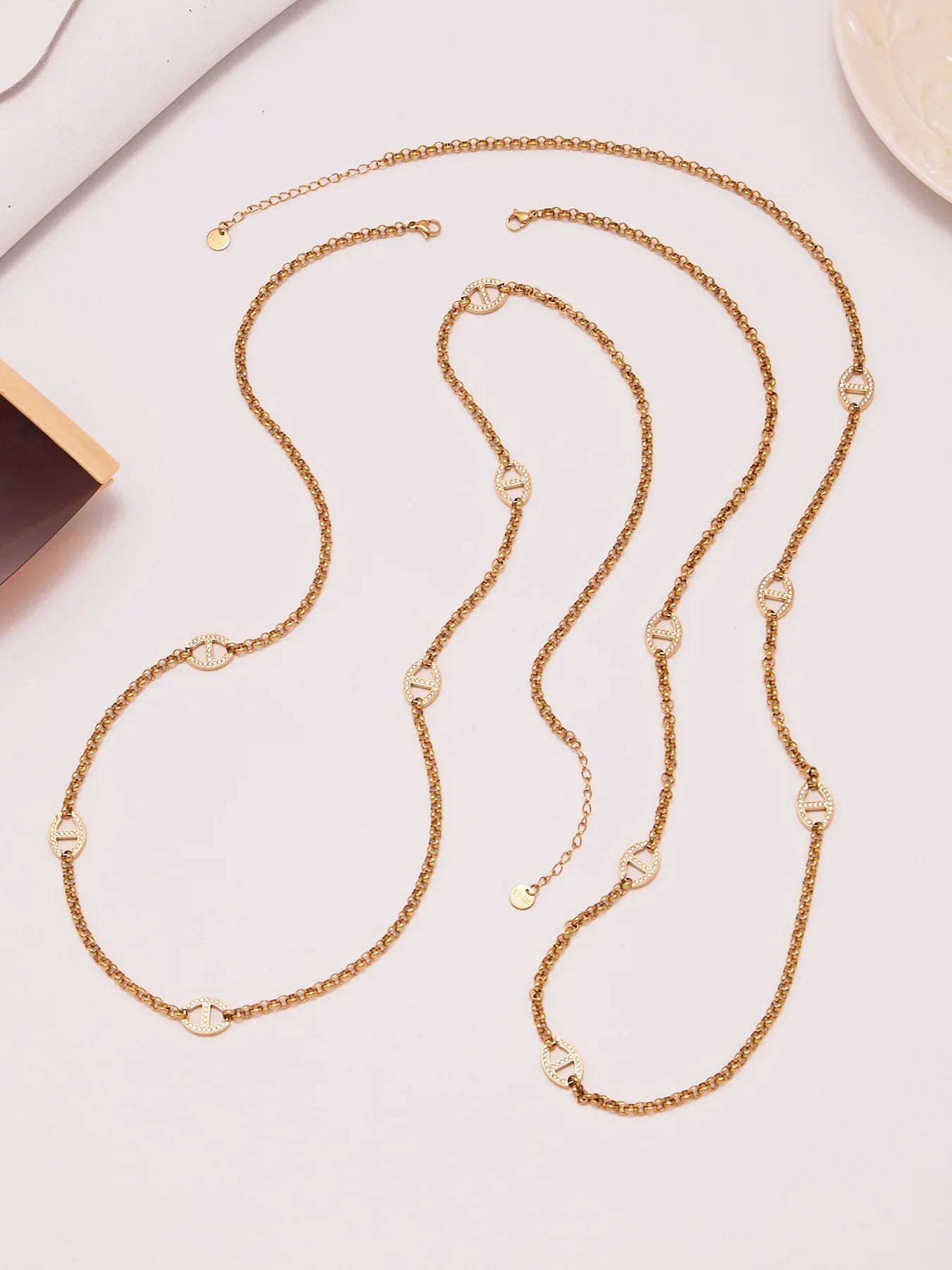 80cm Long Necklace for Women 18k Gold Plated Stainless Steel Chain Necklaces Inlaid Zircon Charm Sweater Chains Necklace