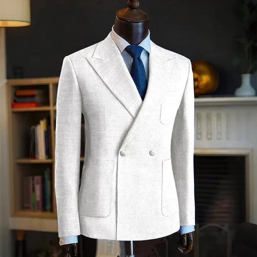 Luxury Men's Classic Suit Blazer Linen Double Breasted Notch Lapel Formal Groom Wedding Dress Jacket Lightweight Sport Coat