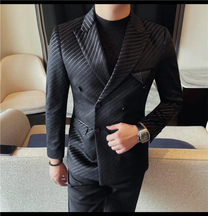 British Style Luxury Men Double Breasted Twill Suit Jacket High Quality Fashion Business Slim Fit Groom Social Party Suit Dress