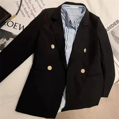 Casual Small Suit Jacket Women Fashion Loose Metal Double-Breasted Blazer Coat Korean Occupation Office Formal Lapel Blazers