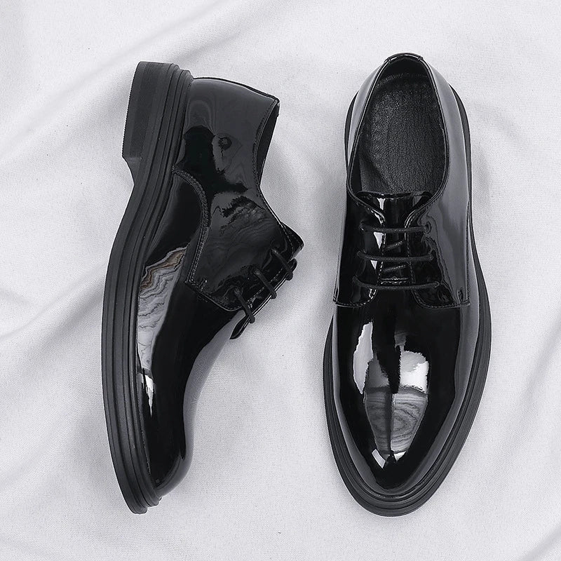 Mens Black Patent Leather Lace Up Dress Shoes With Thick Sole Platform Block Heel Formal Business Wedding Party Office Work Shoe