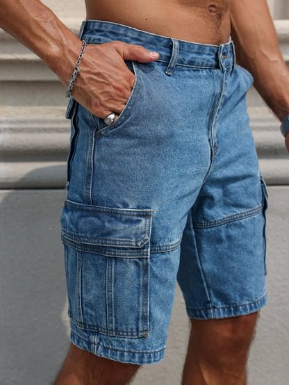 Men's Summer Workwear Denim Shorts, Blue Multi-Pocket Style. Stylish and Casual, Suitable for Streetwear.