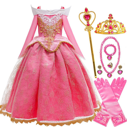 2026 Disney Sleeping Beauty Aurora Princess Dress Girl Cosplay Off Shoulder Kids Gifts Fancy Party Girl Baby Fine Lace Dress Set