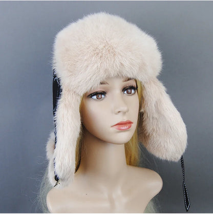 Hot Sale Winter Women's 100% Real Rabbit Fur Bomber Hat Ushanka Cap Trapper Russian Woman Ski Hats Caps Real Sheepskin Leather