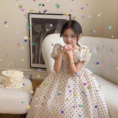 Girls Polka Dot Party Dress Summer Bubble Sleeves Princess Gown Understated Elegance Korean Japanese Style 2-7 Years