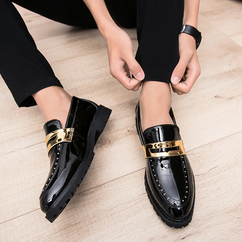 Fashion Classic Thick Sole Men's Penny Loafers Slip-On Business Dress Shoes Gentleman Metal Buckle Formal Black Shoes