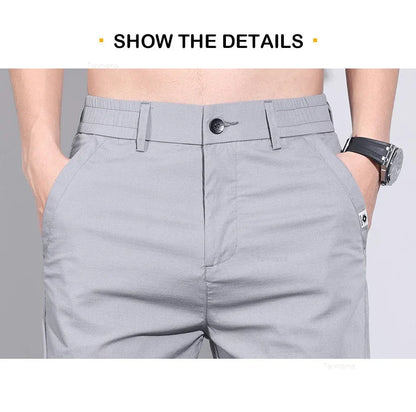 Ultra-thin Elastic Men's Casual Pants 2024 Summer Ice Silk Cotton Fashion Slim Straight Business Trousers Black Gray Khaki