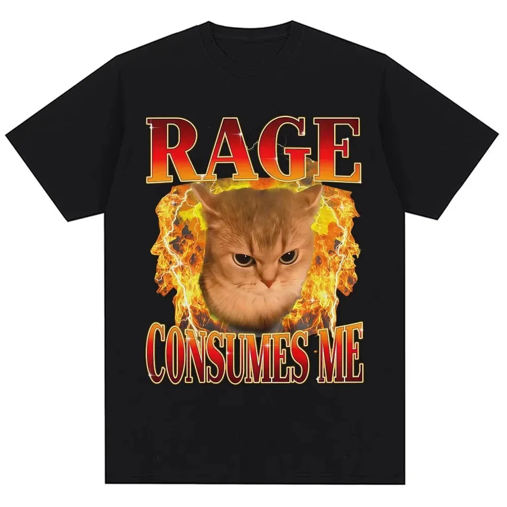 RAGE CONSUMES ME Funny Cat T-Shirt Angry Flaming Kitten Graphic Tee with Fire Effect Black Top for Men Women Humor Gift