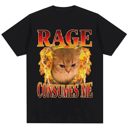 RAGE CONSUMES ME Funny Cat T-Shirt Angry Flaming Kitten Graphic Tee with Fire Effect Black Top for Men Women Humor Gift