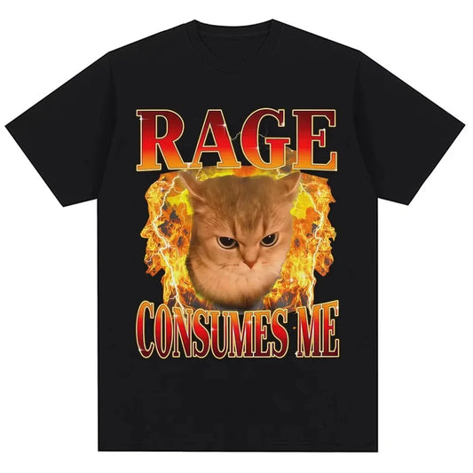 RAGE CONSUMES ME Funny Cat T-Shirt Angry Flaming Kitten Graphic Tee with Fire Effect Black Top for Men Women Humor Gift