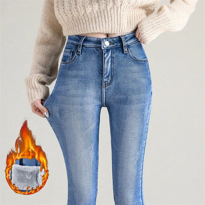 2023 Fashion Women Stretch High Waist Pencil Pants Casual Female Velvet Jeans High Quality Fleece Mom Jeans Thick Plush Pants