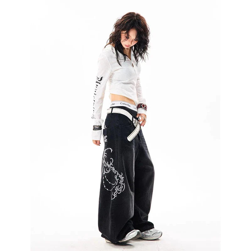 Women Vintage Embroidery Y2K Baggy Jeans Female High Waist 2000s Wide Leg Denim Pants American Retro Harajuku Trouser
