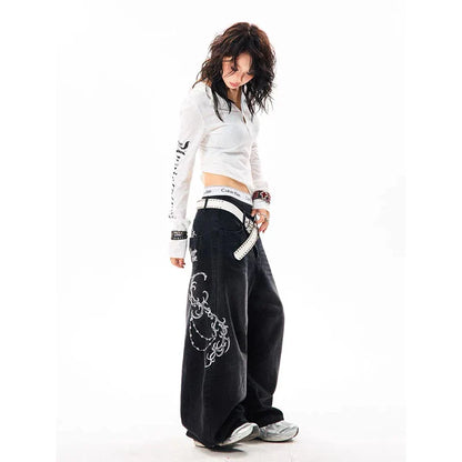Women Vintage Embroidery Y2K Baggy Jeans Female High Waist 2000s Wide Leg Denim Pants American Retro Harajuku Trouser