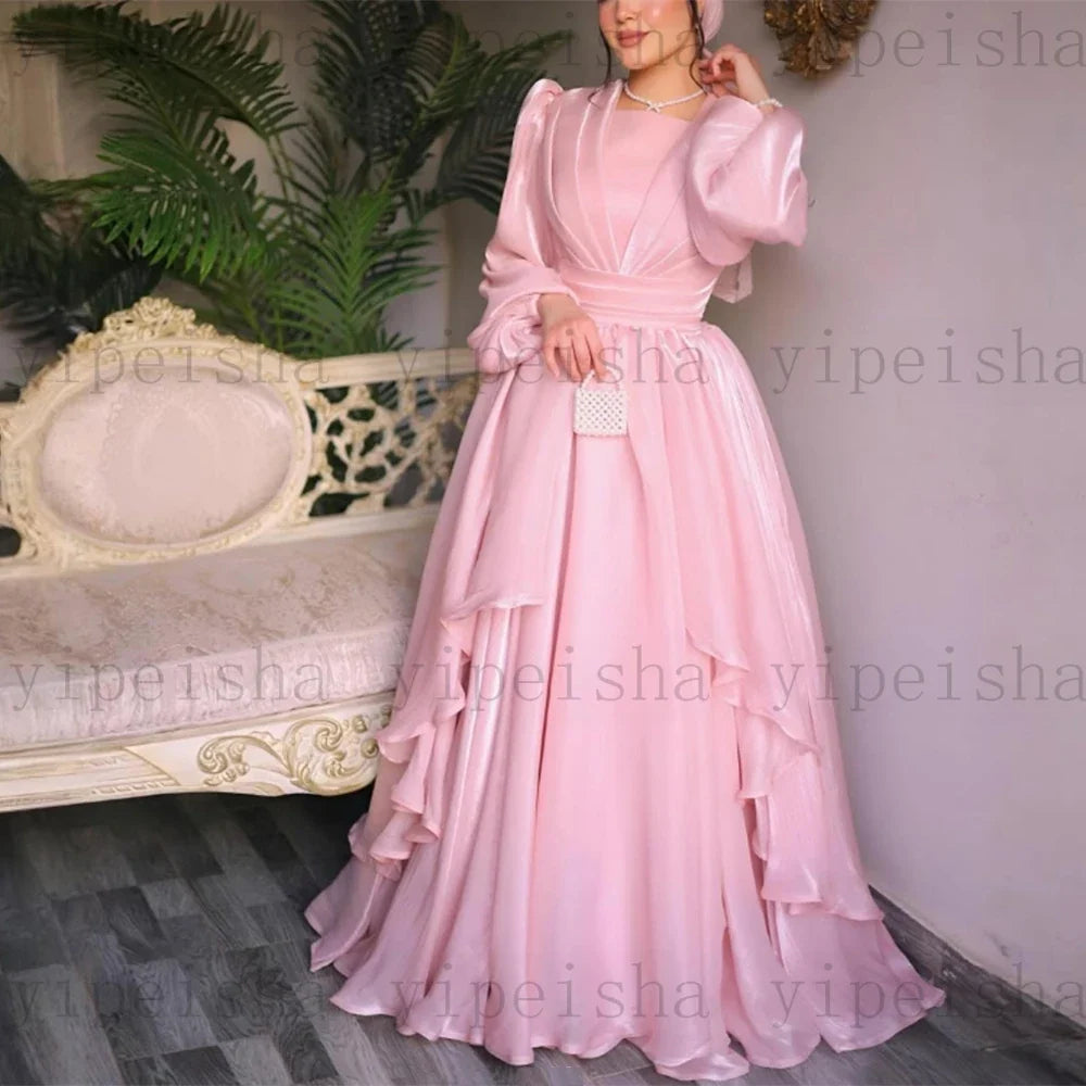 Customized Pink Evening Dresses square collar Full Sleeve Tiered Ruffles organza A-Line Prom Gown Simple Long Dubai Dress