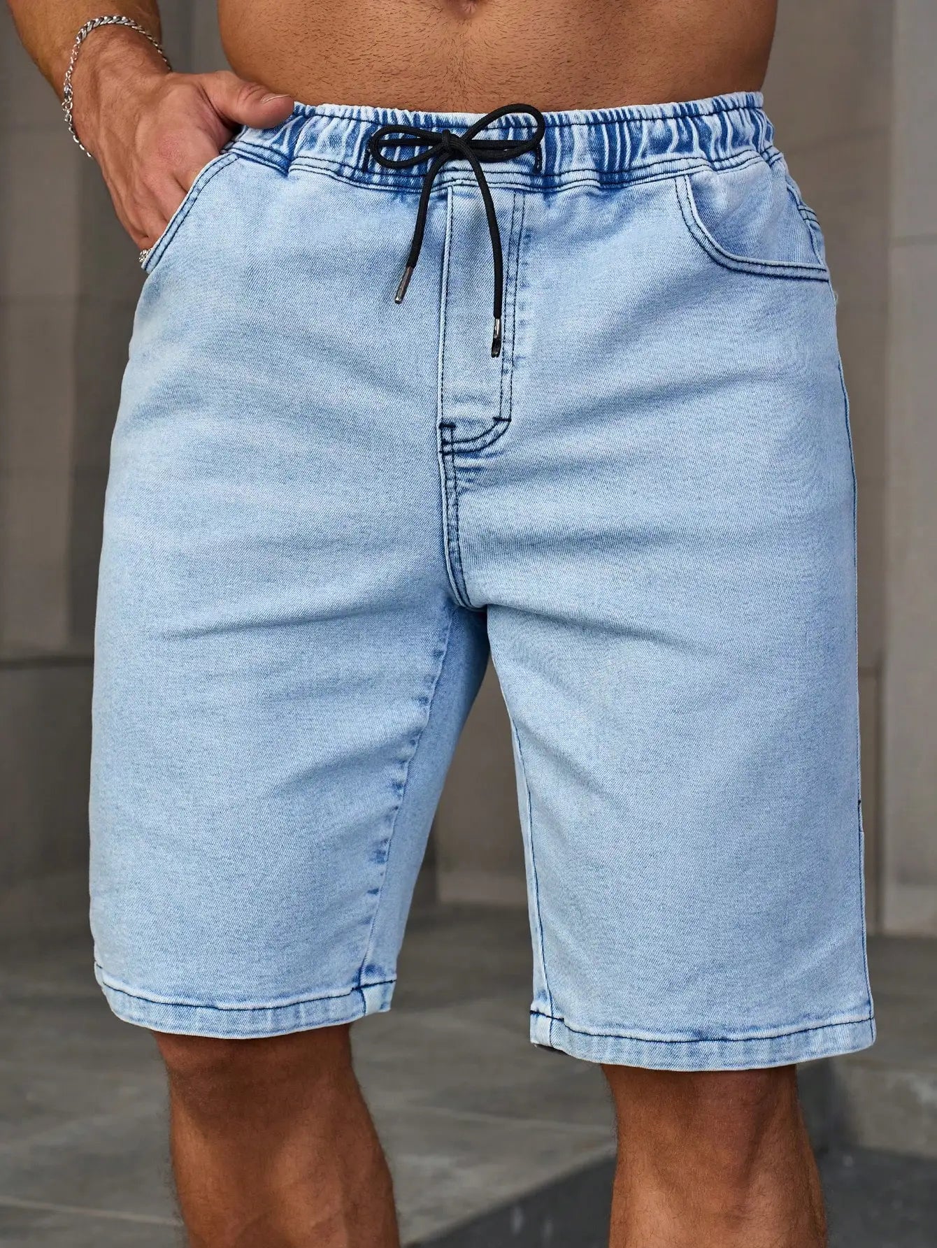 Men's Summer Denim Shorts. Light Blue Elastic-Waist Denim Shorts. Drawstring Design. Daily Casual Trend.