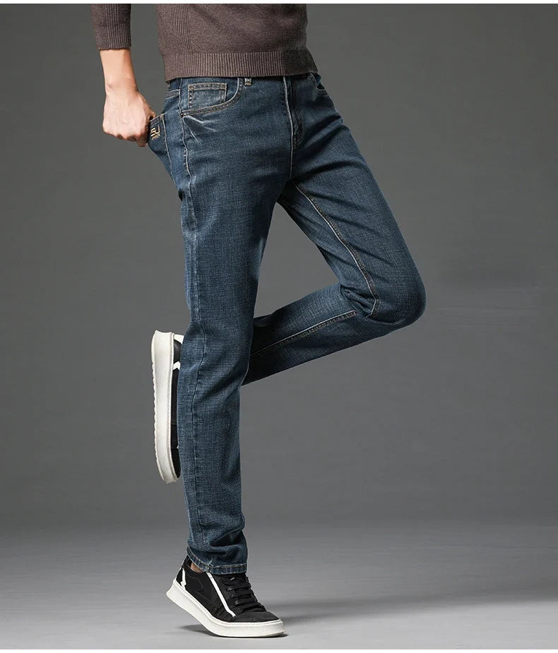 2025 Fall New Men's Cotton Stretch Slim Jeans Straight Version Business Fashion Denim Pants Vintage Blue Brand Trousers Black