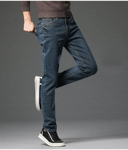 2025 Fall New Men's Cotton Stretch Slim Jeans Straight Version Business Fashion Denim Pants Vintage Blue Brand Trousers Black