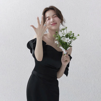 Wedding Dresses Sweet Bow Off The Shoulder For Women 2024 Satin Black Evening Dress Elegant Floor-length Simple Wedding Shooting