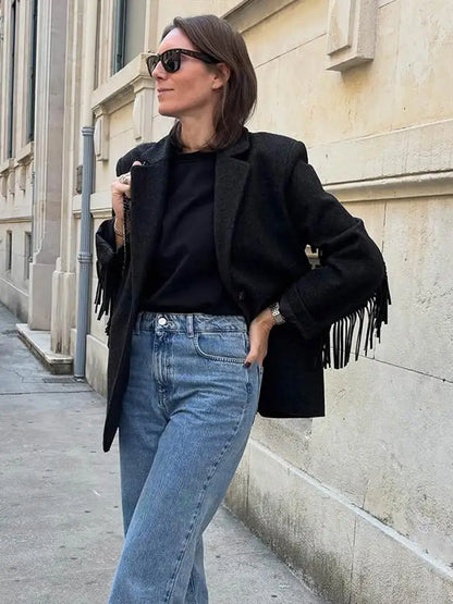 Tassels Woolen Suit Jacket Women Elegant Turn-down Collar Long Sleeve Single Breasted Pocket Autumn Winter Coats New Outerwears