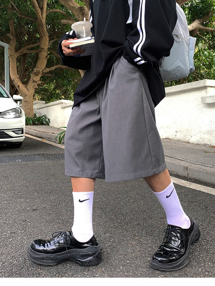 Spring Summer Loose Casual Soft Grey Pleated Shorts for Men with High Waist Short Straight Pants Korean Clothes 2024