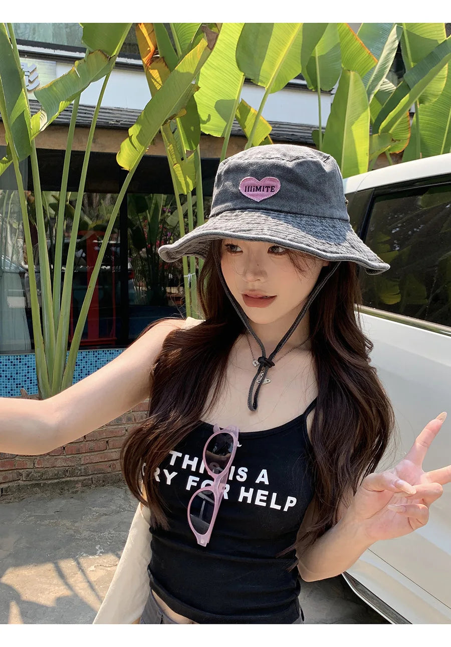 Retro Washed Bucket Hats for Women Cowboy Hats Outdoor Camping Sun Protection Sweet Pink Love Bucket Caps