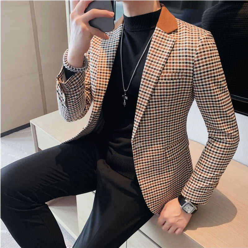 2024 Autumn Winter Korean  Houndstooth Blazer Jackets Fashion Color Matching Lapel Design Casual Men's Plaid Suit Coat Tuxedo