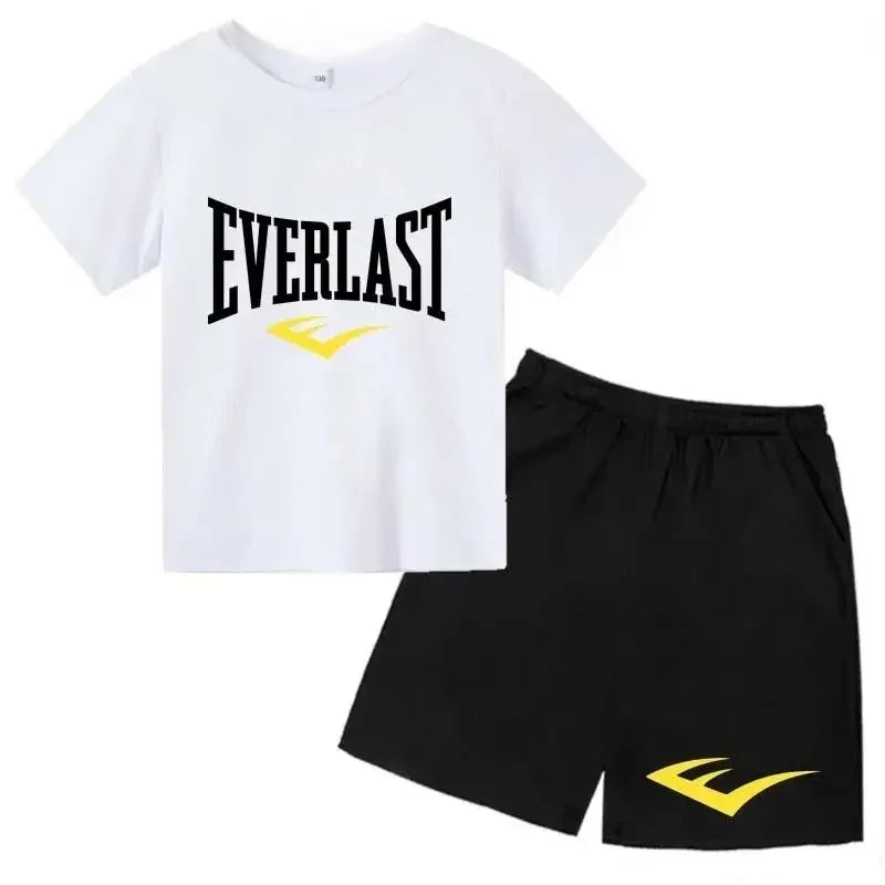 Kids Summer Leisure Simple Letter Print 2pcs O-neck Tees+Shorts Pants Sportsuits 2-13 Years Boys Girls Streetwear Children Sets
