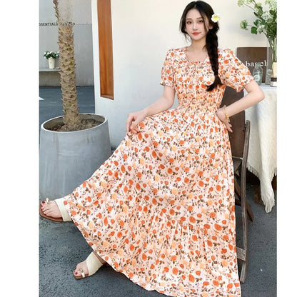 Summer New Cotton Silk Floral Print Maxi Dr ort Sve Beachwear High Waist Young Women's Large Skirt Swing Dr
