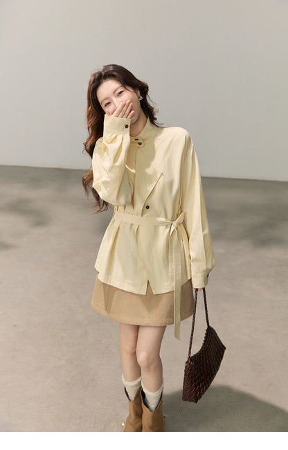 Women's Stand Collar Long Sleeve Shirts Spring Belted Waist Asymmetric Button Tops Casual Loose Solid Shirt MXF13C2459