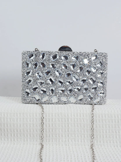 Ladies' high-end sparkling metal box shaped dinner bag, luxurious and fashionable metal strip decoration evening dress bag