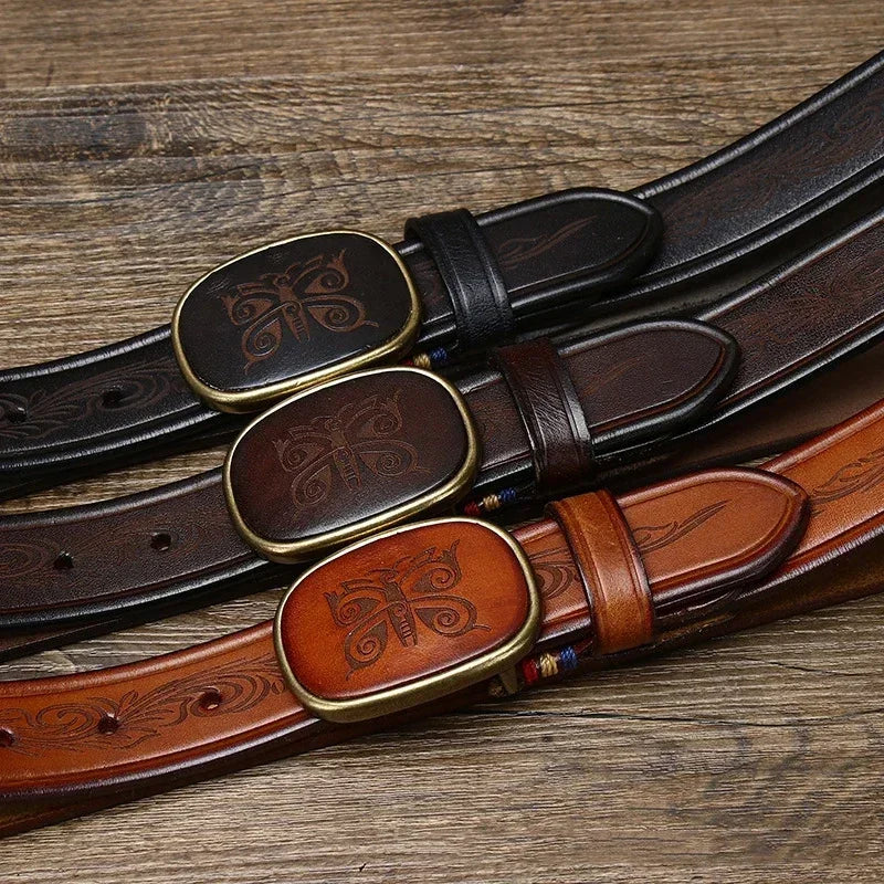 3.5CM Pure Cowhide High Quality Genuine Leather Belts for Men Laser Engraving Strap Male Smooth Buckle Jeans Cowboy Luxury