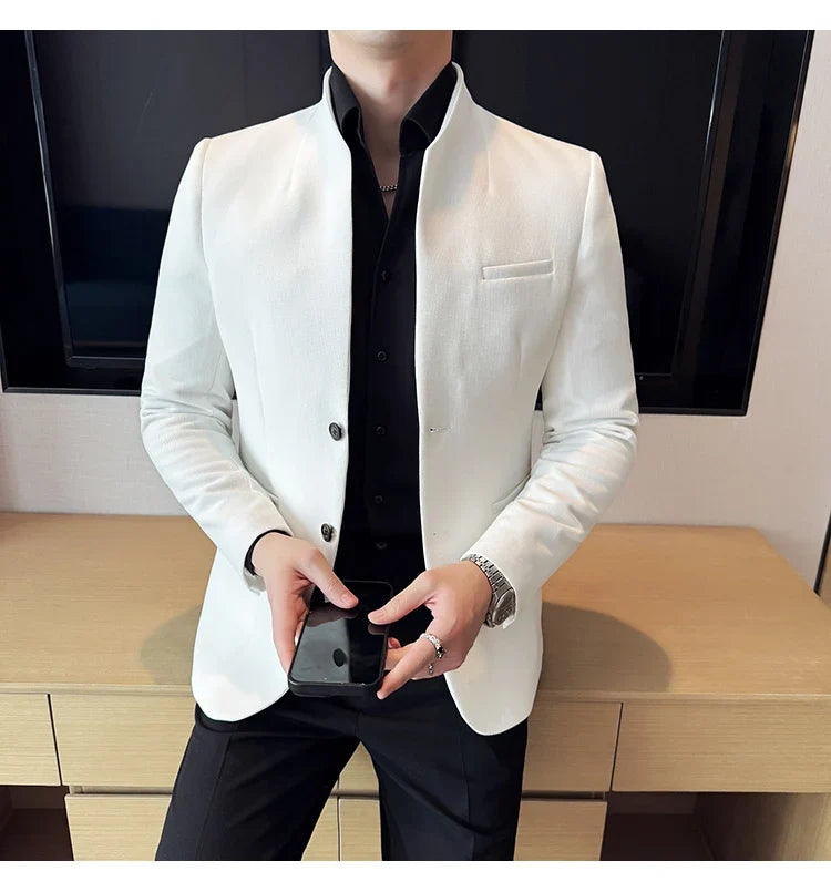 New Waffle Chinese Stand-Up Collar Blazers Men Slim Fit Business Casual Fashion Suits Jacket Formal Social Prom Party Tuxedos