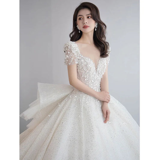 Luxury Short Sleeve Wedding Dress 2026 New Bridal Dress V Neck Beading Shinning Ball Gown Sweep Train Vestido  Noiva Customized