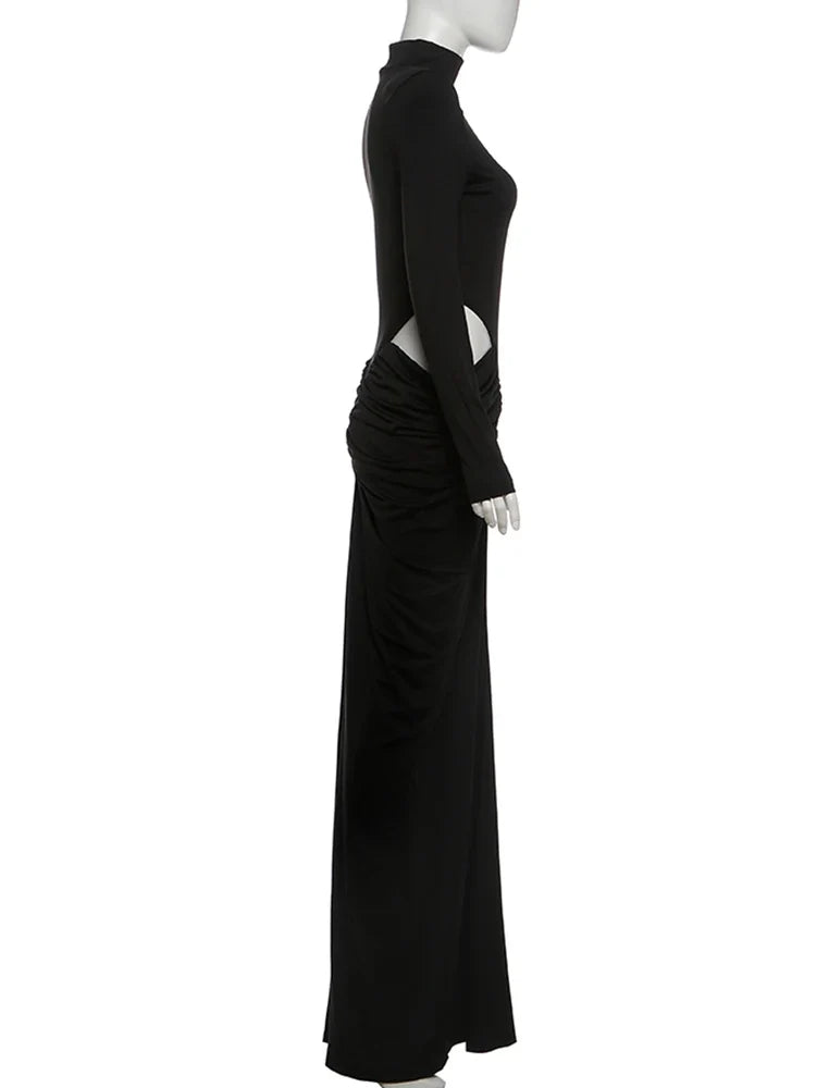 Nibber Hipster Waistless Ruched Elegant Dress Woman Autumn Style Turtleneck Full Sleeve Hollow Design Prom Party Long Bodycon