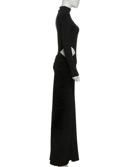 Nibber Hipster Waistless Ruched Elegant Dress Woman Autumn Style Turtleneck Full Sleeve Hollow Design Prom Party Long Bodycon