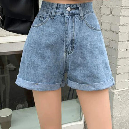Summer 2024 New Women Rolled Edge Hot Denim Shorts Lady Korean Mini Pants Girls Elastic Blue Black Black Gray A Line Short Jeans