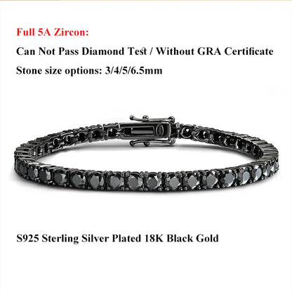Full 3/4/5/6.5mm Black Moissanite Tennis Bracelet for Men Women Unisex 925 Silver Plated 18K Black Gold Hip Hop Bracelets