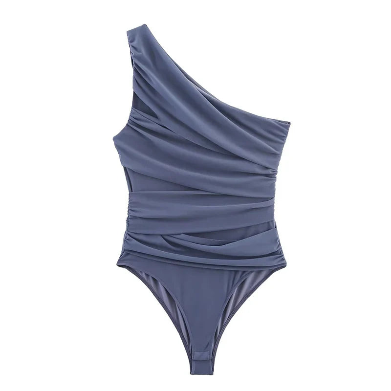Summer Asymmetric Sleeveless Pleated Silk Mesh Bodysuit Women Single Shoulder Slim Fit Jumpsuit Female Beach Holidays Wear 2026