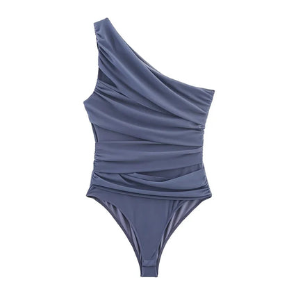 Summer Asymmetric Sleeveless Pleated Silk Mesh Bodysuit Women Single Shoulder Slim Fit Jumpsuit Female Beach Holidays Wear 2026