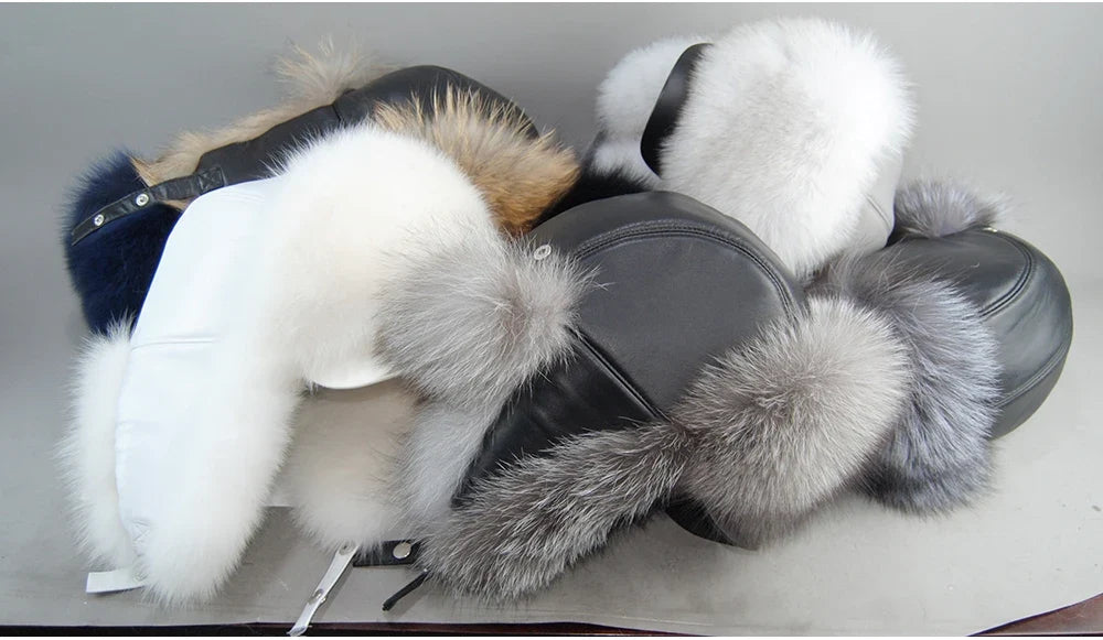 100% Real Fox Fur Hat Women's Russian Ushanka Aviator Trapper Snow Skiing Hat Caps Earflap Winter Raccoon Fur Bomber Hat