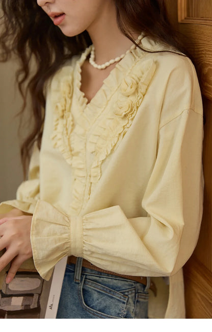 Hand Sewn Rose Blouse for Women Autumn 2025 V-neck  Edible Tree Fungus Edge Tops Sweet Lantern Sleeves Blouses MXE44X2470