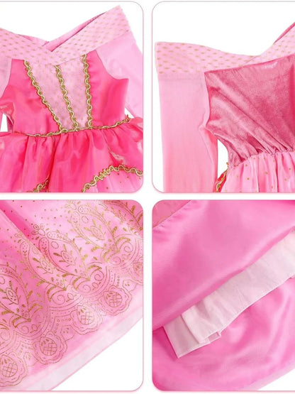 Sleeping Beauty Aurora Princess Dress Cosplay Off Shoulder Kids Gifts Fancy Halloween Party Girl Baby Lace Dress Set