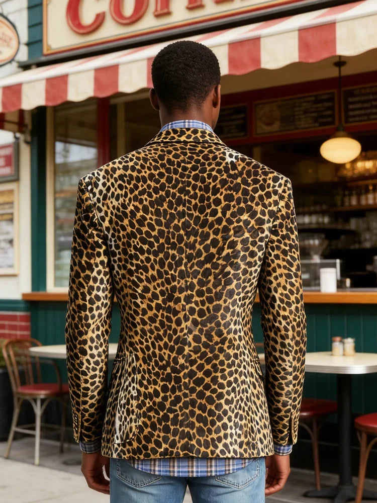 Men's Leopard Print Velvet Blazer Classic Fit Stylish Long Sleeve Notched Lapel Suit Jacket for Nightclub Wedding Streetwear