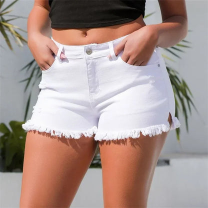 Women Summer Split Tassel Trouser Legs Denim Shorts Vintage Broken Holes Three Quarter Pants Female Casual High Waist Mini Jeans