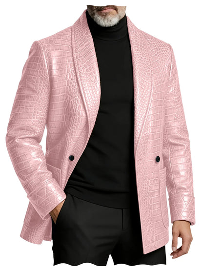 Men's Crocodile Pattern Leather Blazer 1 Button Shawl Collar Tuxedo Jacket Formal Business Wedding Coat Luxury Suit Outerwear