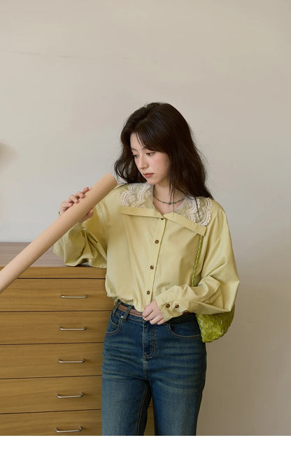 Autumn Solid Cotton Shirt Autumn V-neck Double-layer Lace Retro Design Shirts Single Breasted Tops Office Lady MXE41C2366