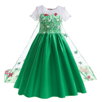 Elsa Green Dress for Kids Girl Princess  Costume Dresses  Children Long Cloak Floral Lace Ball Gown Summer