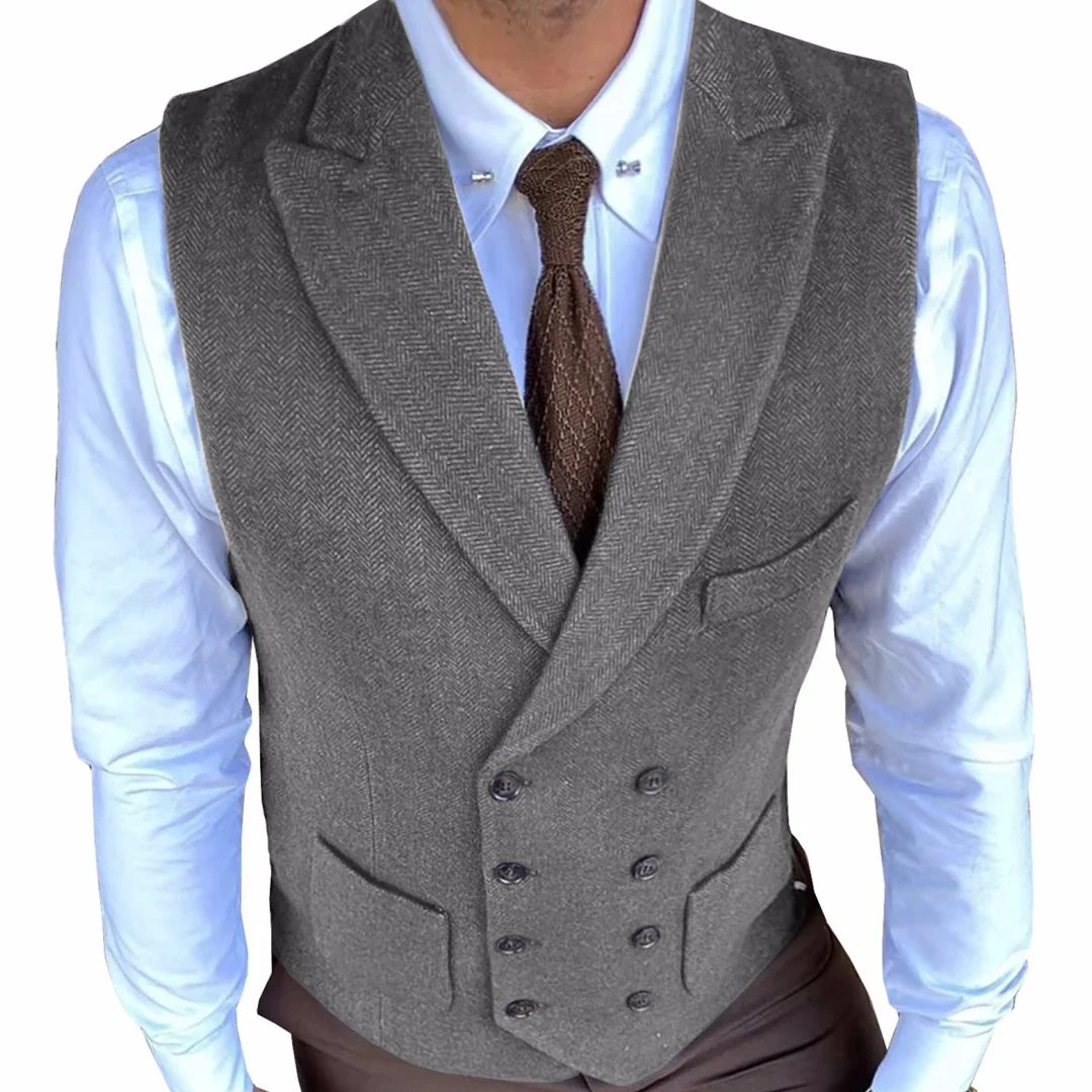 Men Vest Gray Herringbone Solid With Lapel Double Button Waistcoats For Wedding Banquet Business Office Work Men Suit Vest